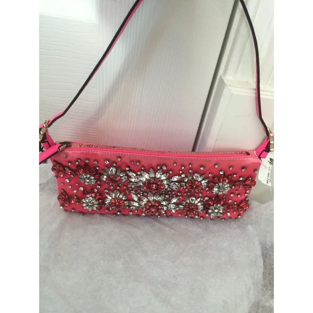 Valentino Garavani Pink Silk Satin Crystal Embellished Flower Pochette Bag